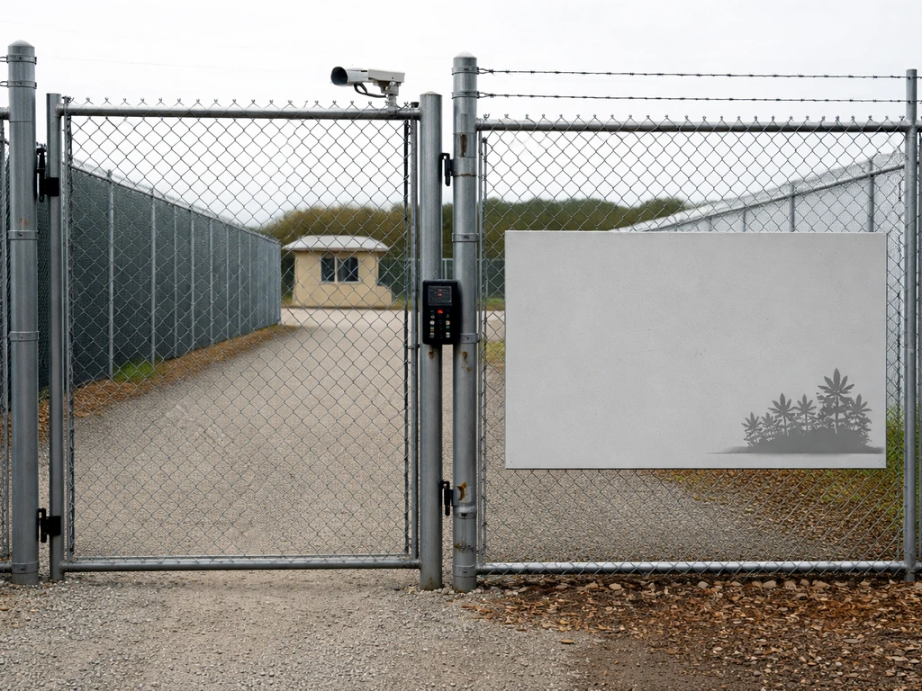 Secure facility entry gate with locked access and simple panel showing cultivation limit capacity.
