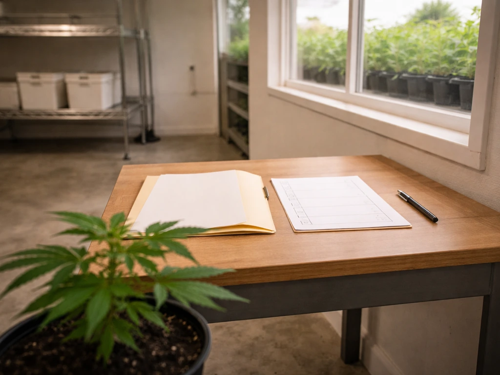 Desk in a Florida cannabis cultivation facility with a checklist and cannabis license documents for a grow license guide