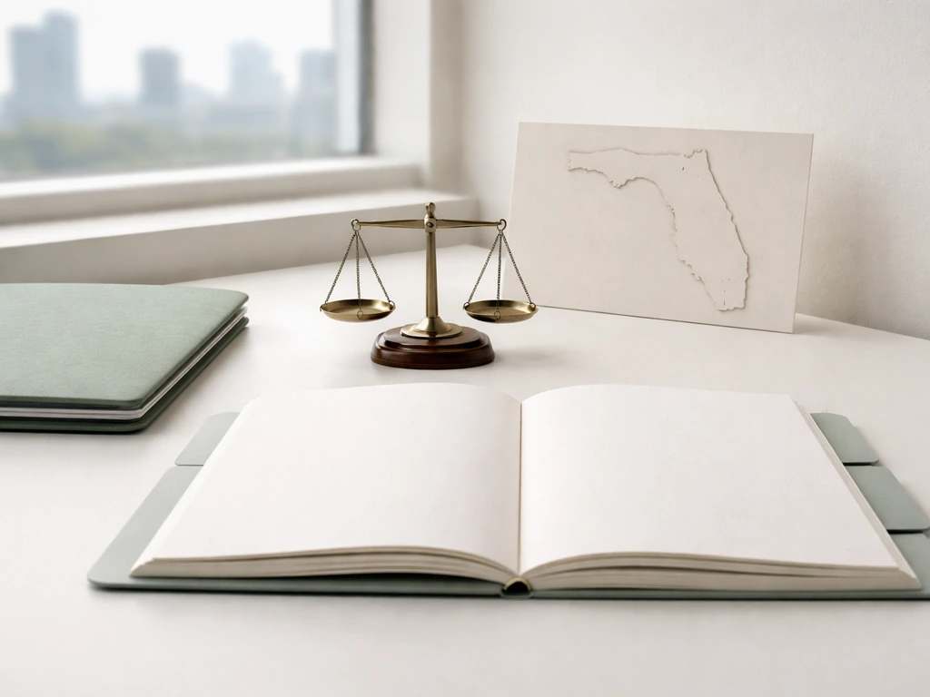 Minimal desk scene with a subtle Florida outline card and a small scale symbolizing license pathways