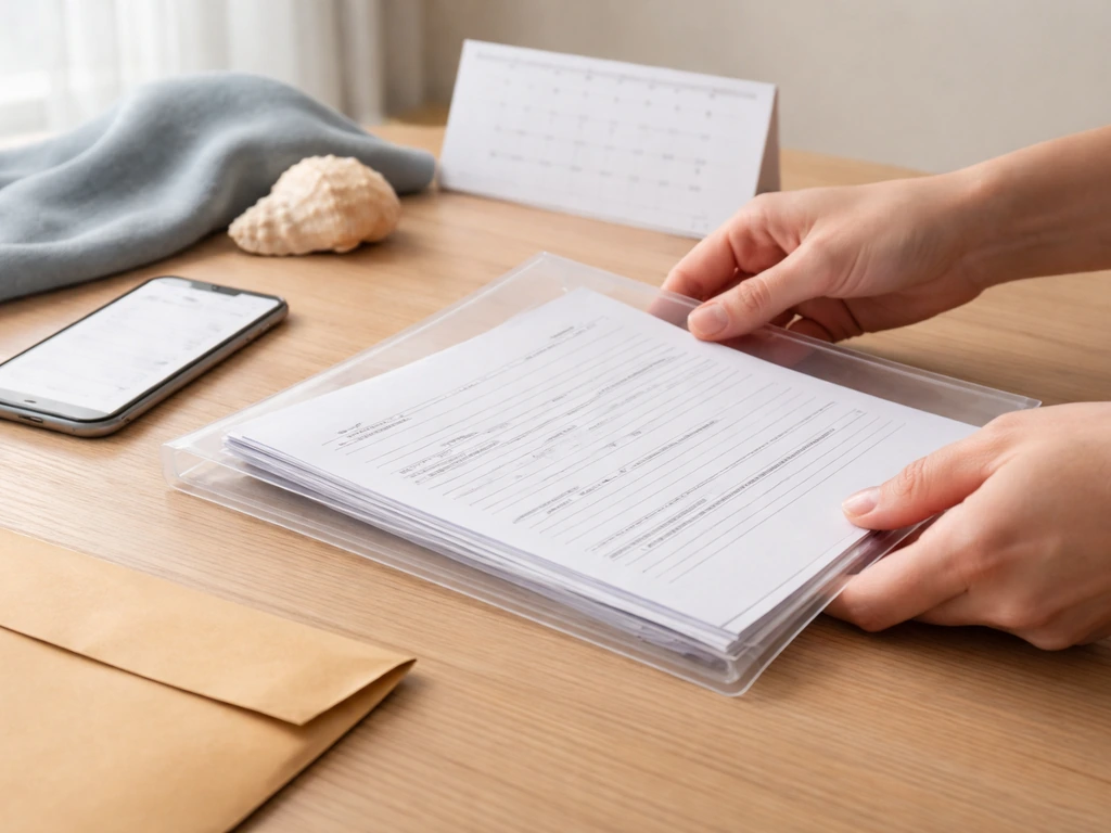 Hands filing anonymous forms into an envelope with a phone and calendar on a bright desk.
