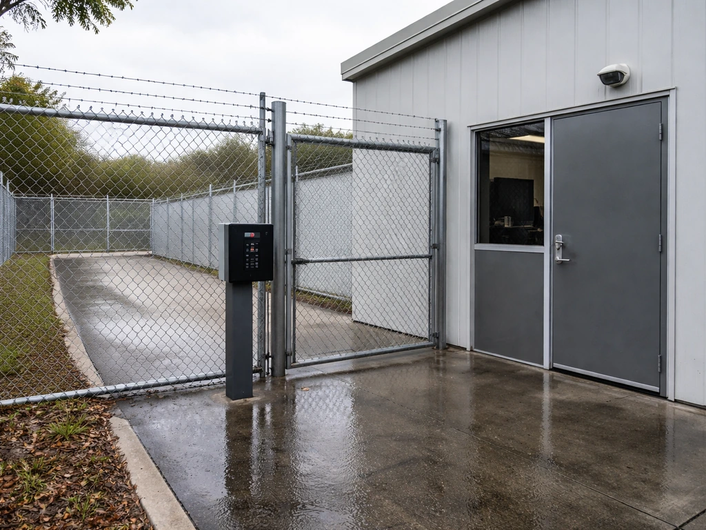 Secure cannabis cultivation facility exterior with gated entry, fencing, and security cameras under daylight.