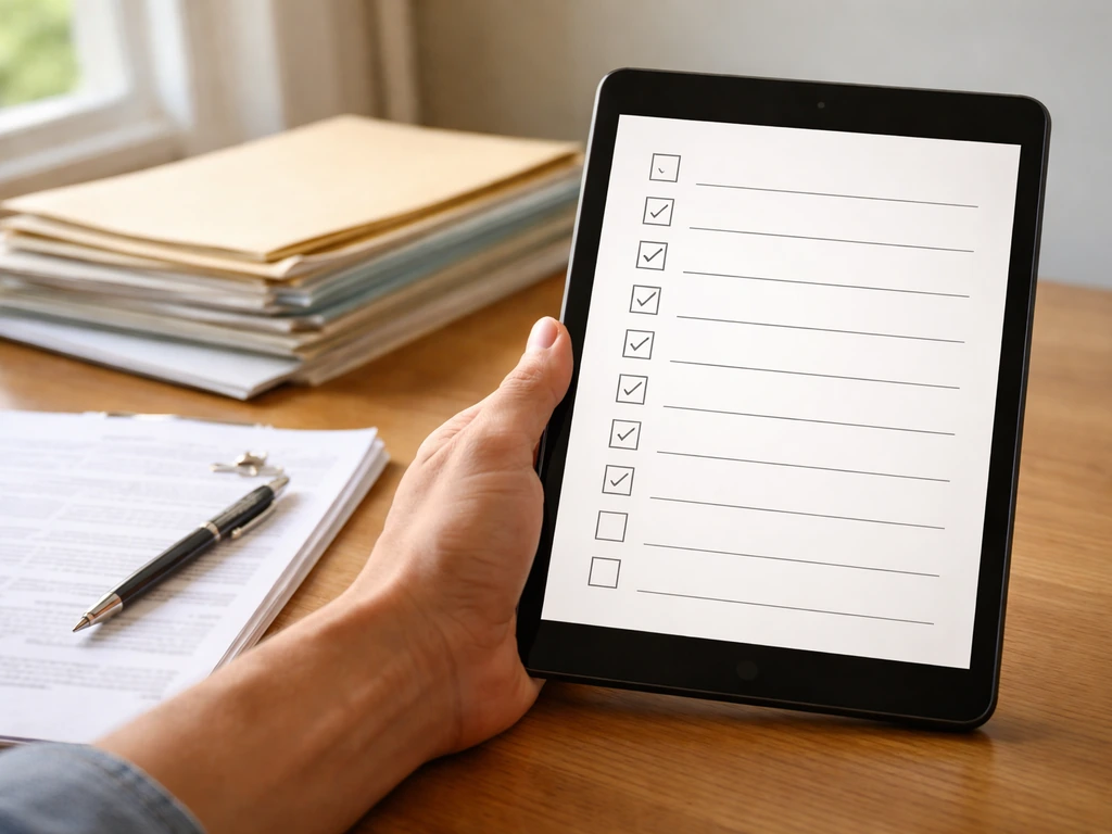 Hand holding a tablet displaying a blank checklist while documents sit beside it on a desk