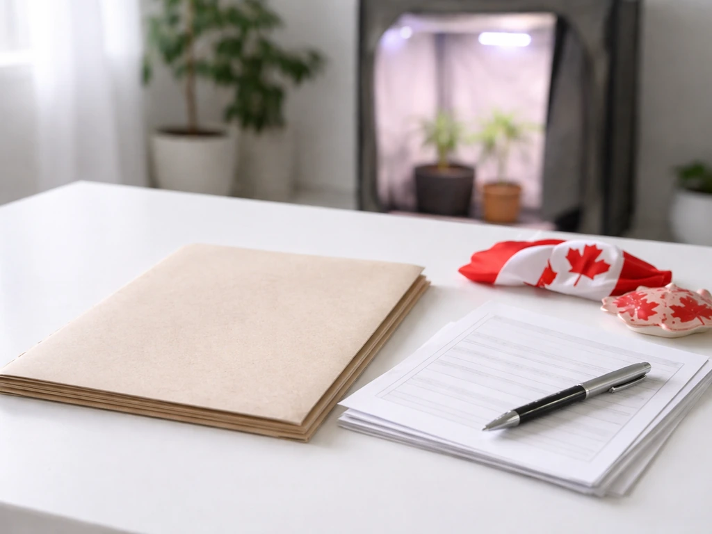 Clean tabletop with Canadian flag accents, official-looking documents, and a small discreet indoor grow setup in the bac
