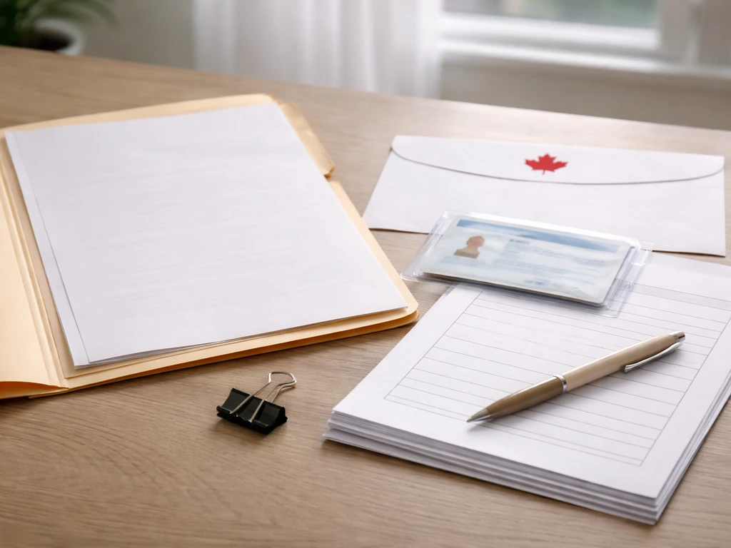 Documents and blank forms on a desk with an ID sleeve, suggesting licence eligibility requirements.