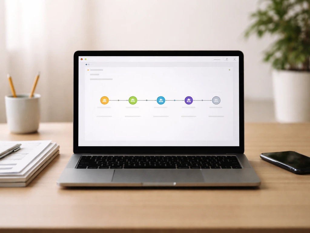 Laptop on a desk showing a generic step timeline interface beside documents.
