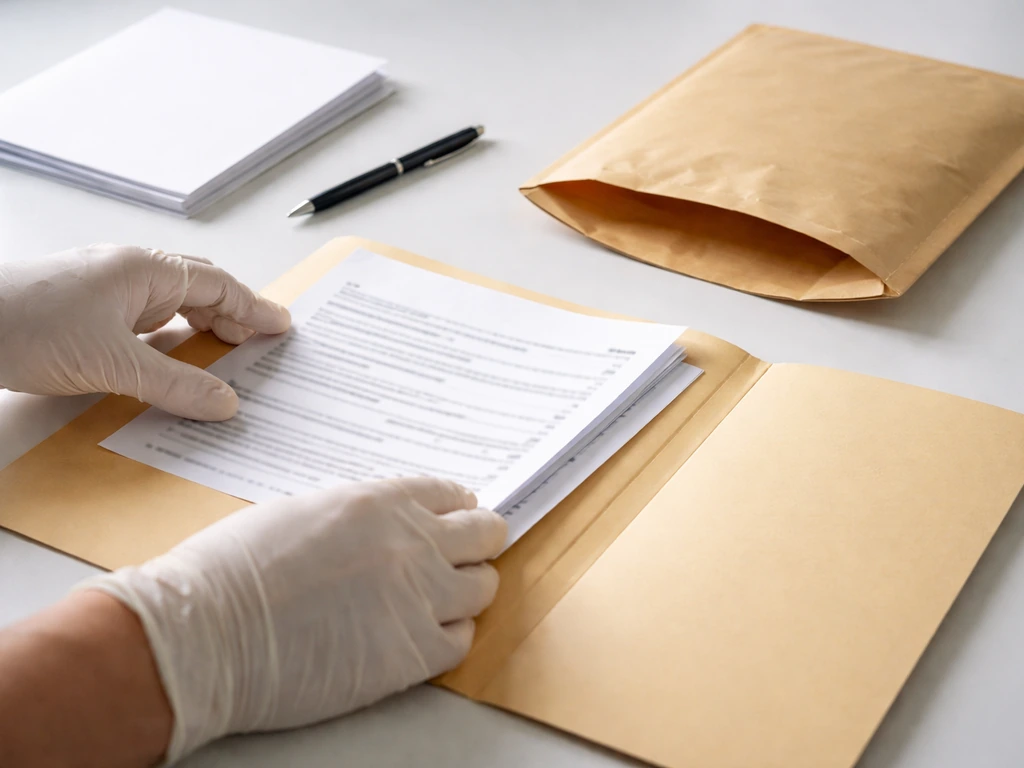 Close-up of hands assembling a key personnel security clearance submission package with forms in a folder and mailer