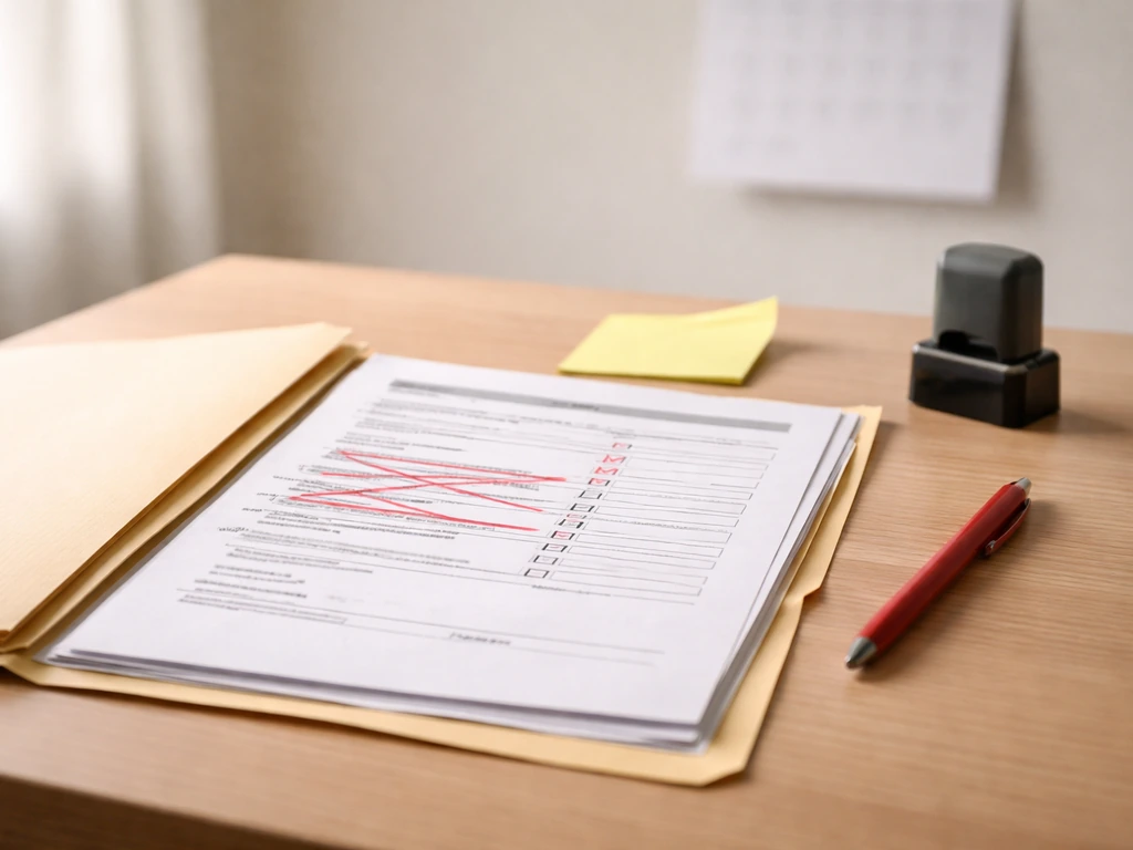 Red-marked application papers on a desk with an unused stamp and unsigned signature area.