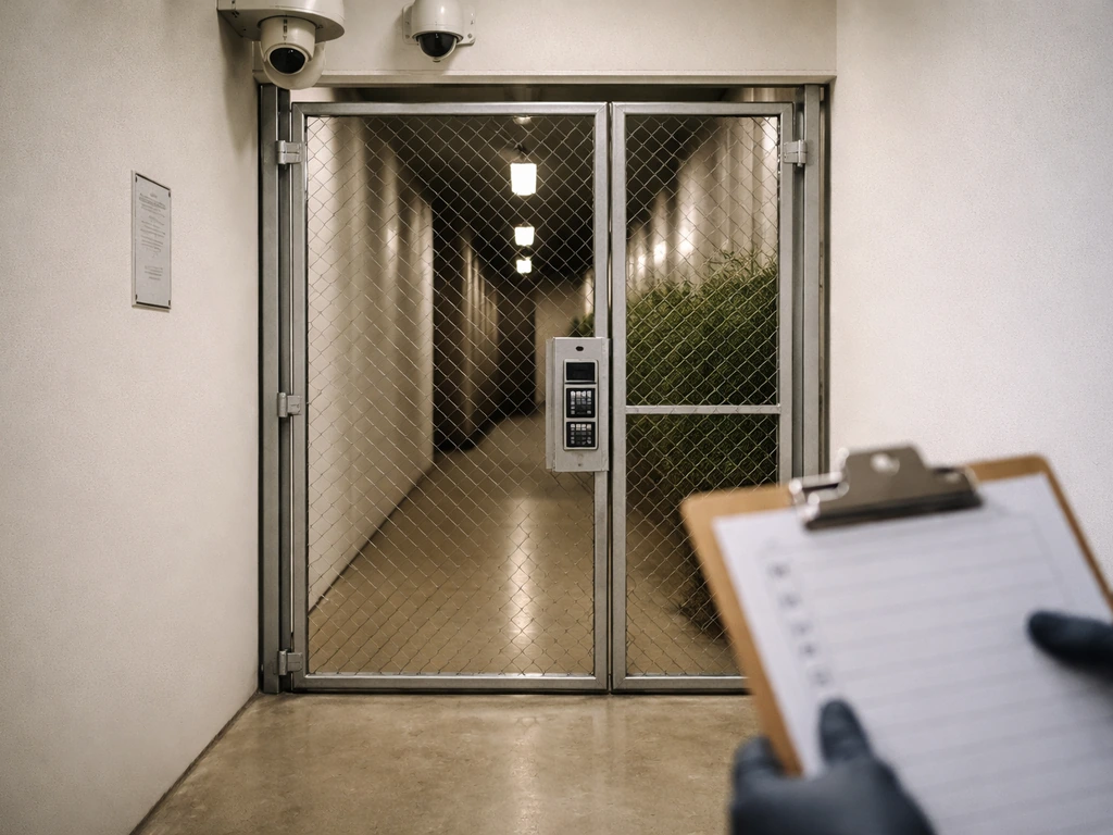 Locked entrance to a cannabis grow facility with security cameras and a clipboard, minimal compliance-focused scene.