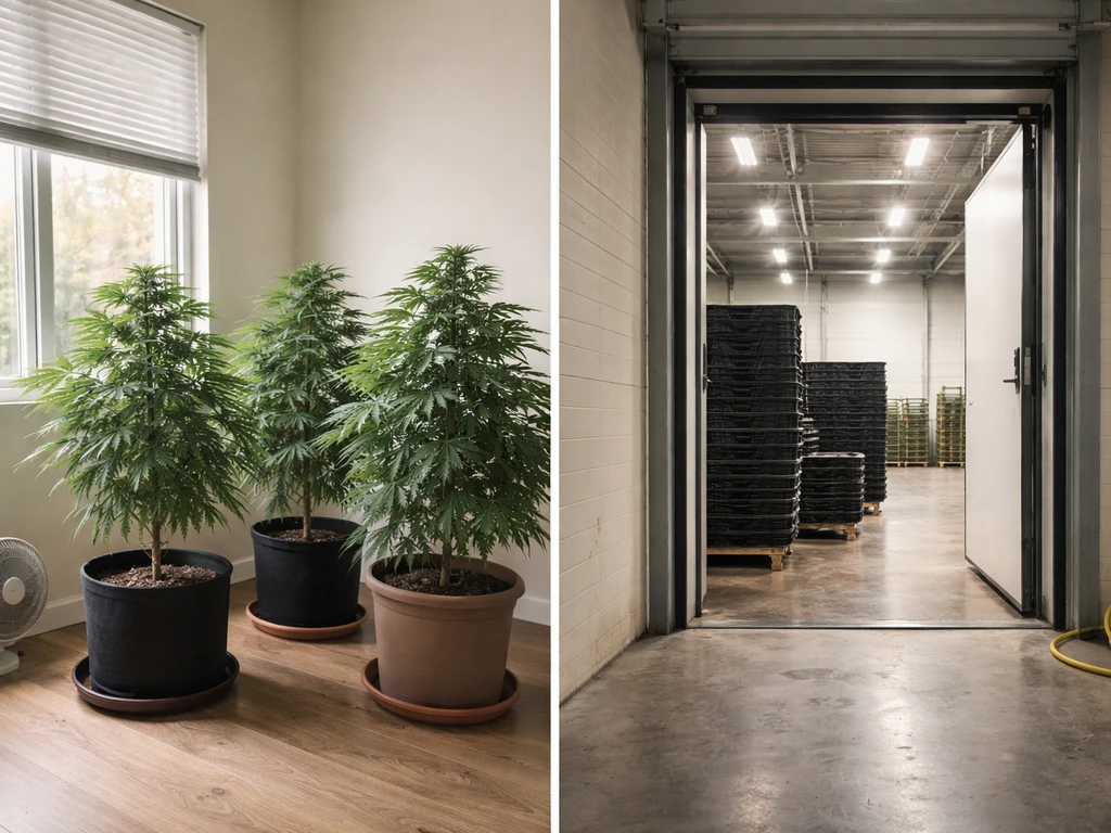 Split view: small home grow plants on the left and an anonymous commercial warehouse entrance on the right.