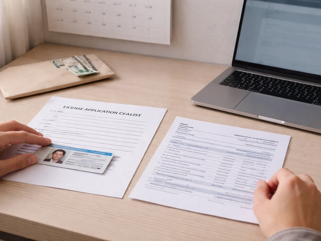 Hands arranging ID, utility bill, and a checklist beside a calendar and an open laptop portal.