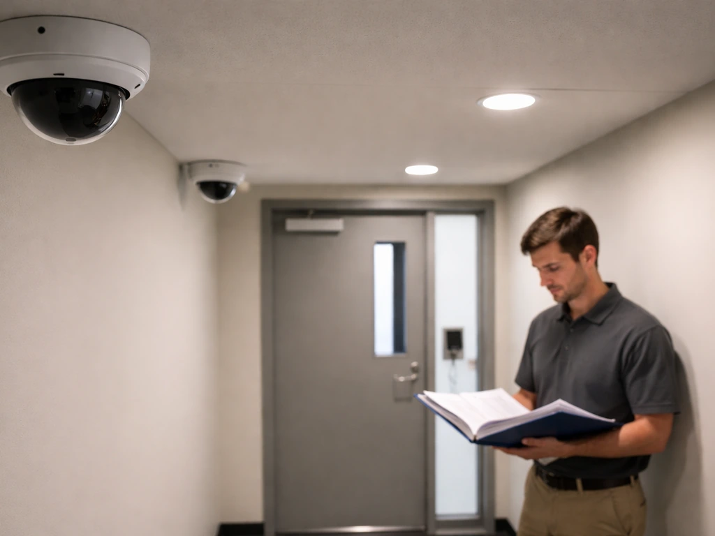 Compliance inspection at a facility entrance with visible camera coverage and a staff member reviewing record logs