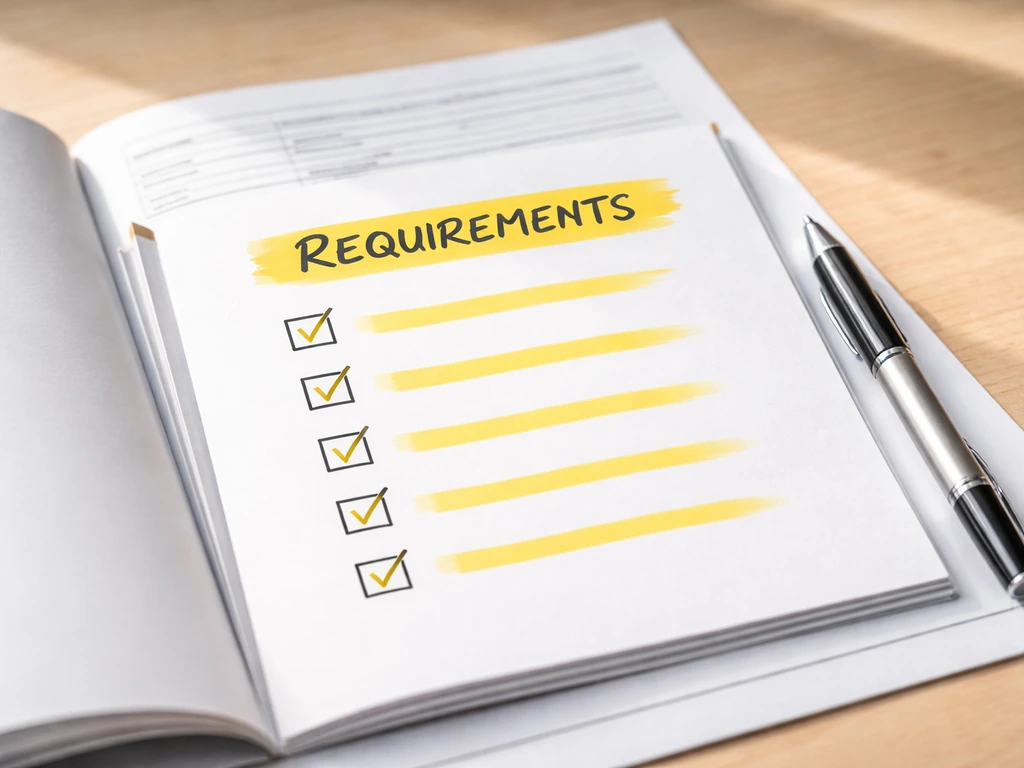 Close-up of an application packet and pen on a desk with a highlighted requirements checklist.
