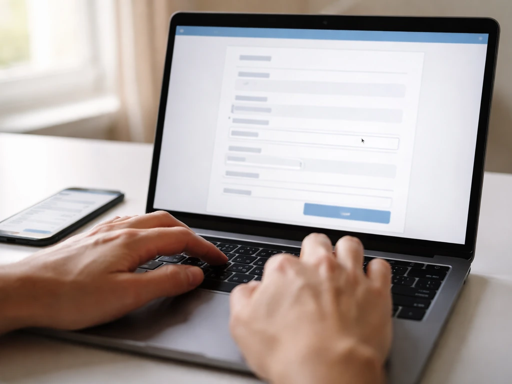 Close-up of hands filling an online scholarship application form on a laptop and smartphone.