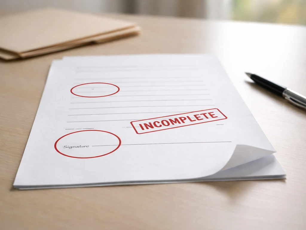 Close-up of an application page on a desk with signature/blank areas circled and a red incomplete stamp.