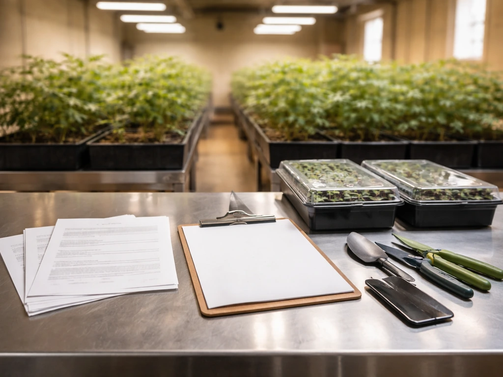 Minimal photo of a California-style cannabis cultivation setup with paperwork and tools on a clean desk.