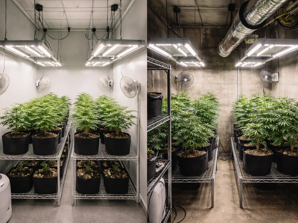 Split view of two minimal indoor cannabis grow setups, contrasting clean racks on left and industrial setup on right