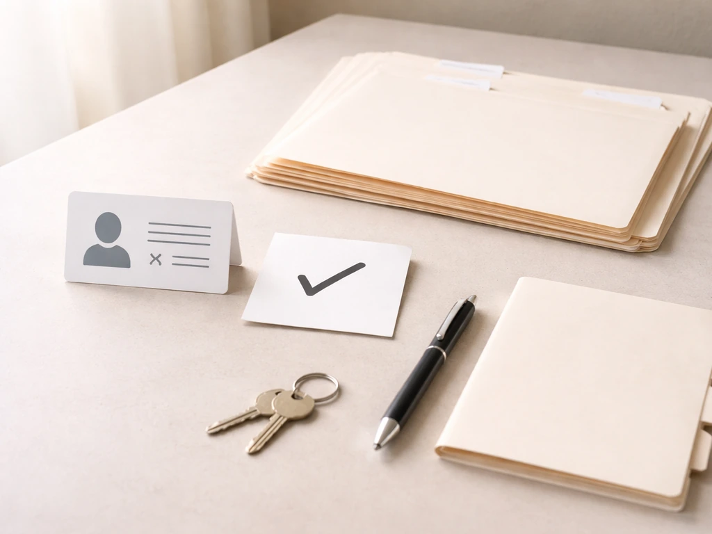 Minimal desk scene with an abstract ID-age checklist card, CA business paperwork folders, and a pen.