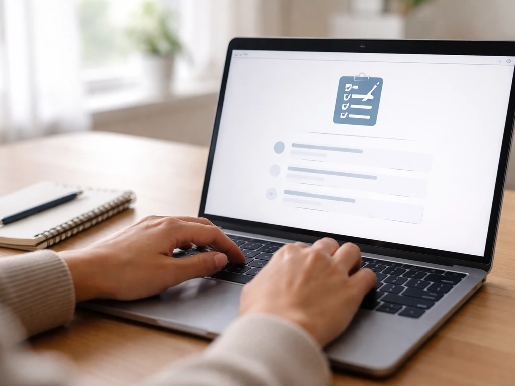 Close-up of hands using a laptop to complete an online application form with an uploaded checklist.