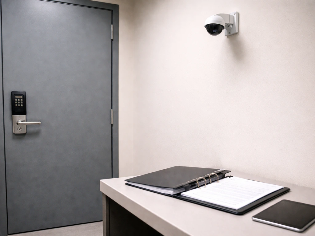 Locked door, wall-mounted security camera, and a neatly organized binder with a tablet nearby.