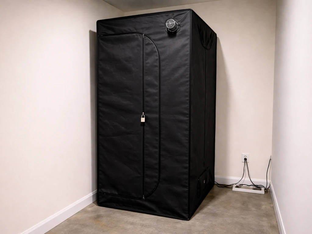 Locked grow tent inside a plain utility room, doors zipped and padlocked, no plants visible.
