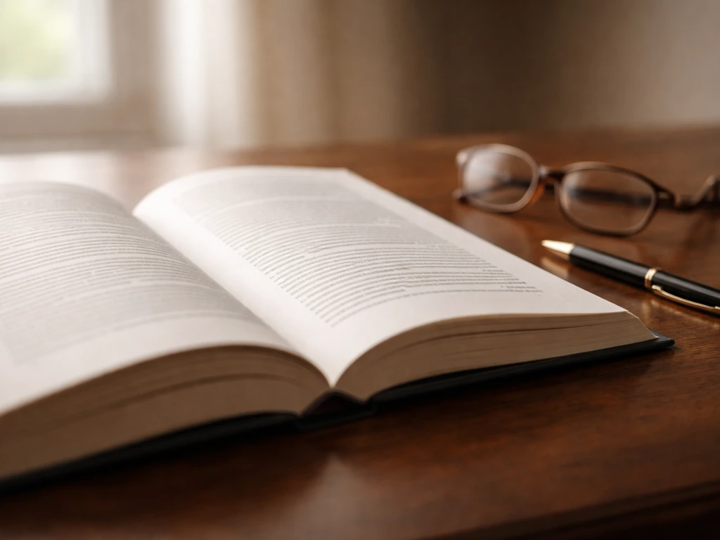 Open law book on a wooden desk with glasses and a pen under natural light.