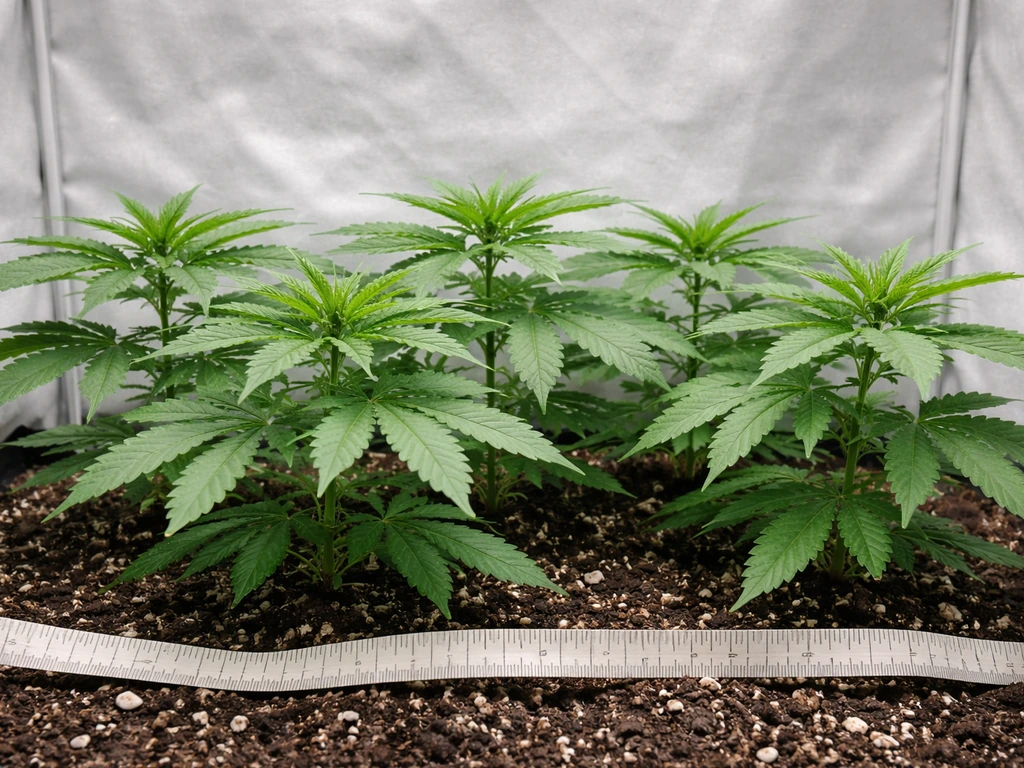 Five cannabis plants inside an indoor grow tent with a measuring tape suggesting plant-count measurement.