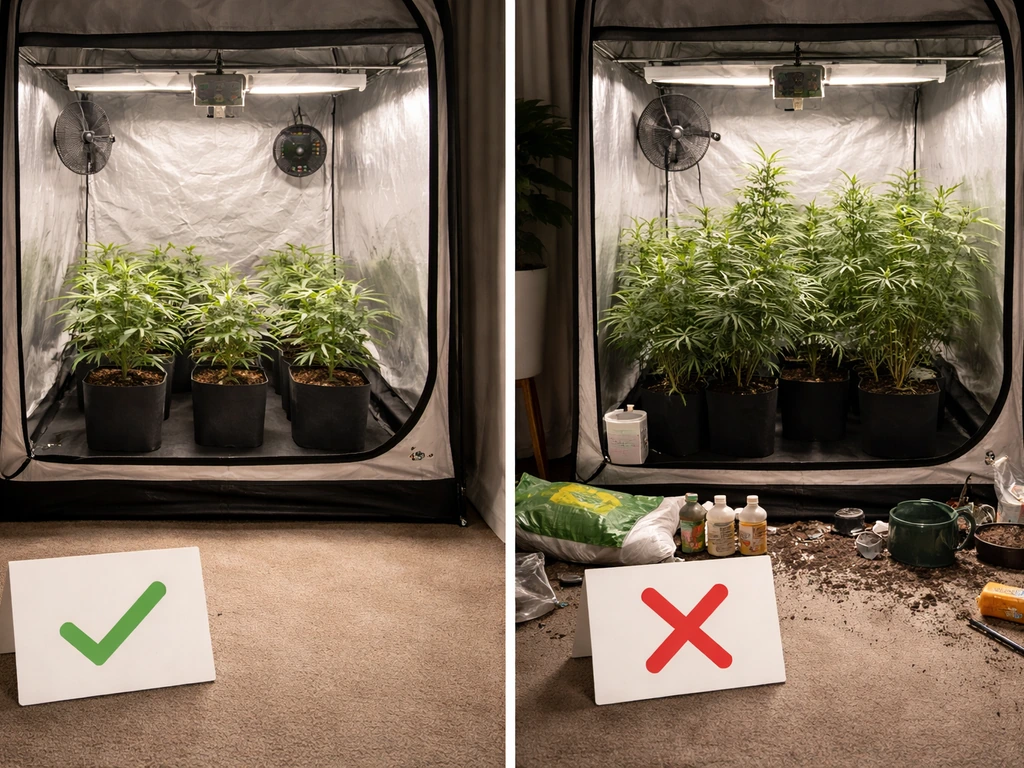Split view of an indoor grow setup: tidy labeled compliance vs an unlicensed red-cross feel, no readable text.