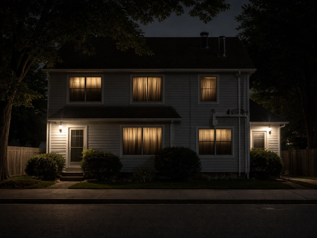 Night exterior of a quiet residential building with dark, covered windows and subtle ventilation silhouettes.