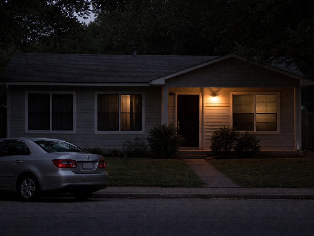 House exterior at dusk with heavily covered windows and porch light, photographed from the street.