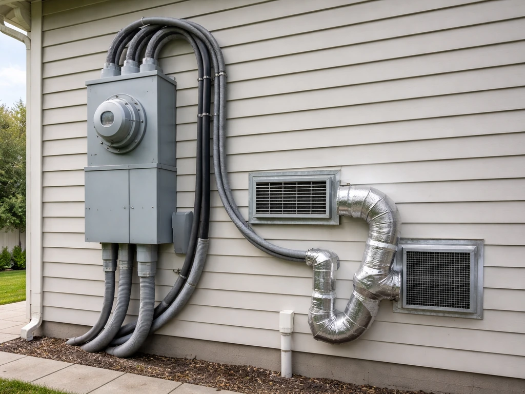 Outdoor electrical meter with oversized wiring and nearby HVAC/dehumidifier vents beside a residence