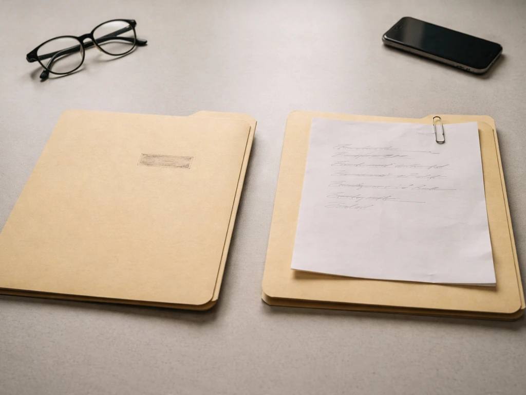 Minimal tabletop scene with two closed folders labeled nothing, suggesting legal licensing vs suspected illegal activity