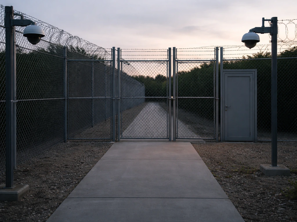 Secure, fenced cannabis grow facility with controlled access and camera domes, showing legal compliance.