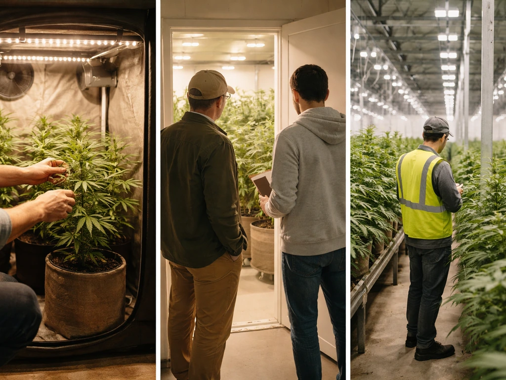 Three minimal photo panels: home grow setup, caregiver/patient allowance vignette, and commercial greenhouse cultivation