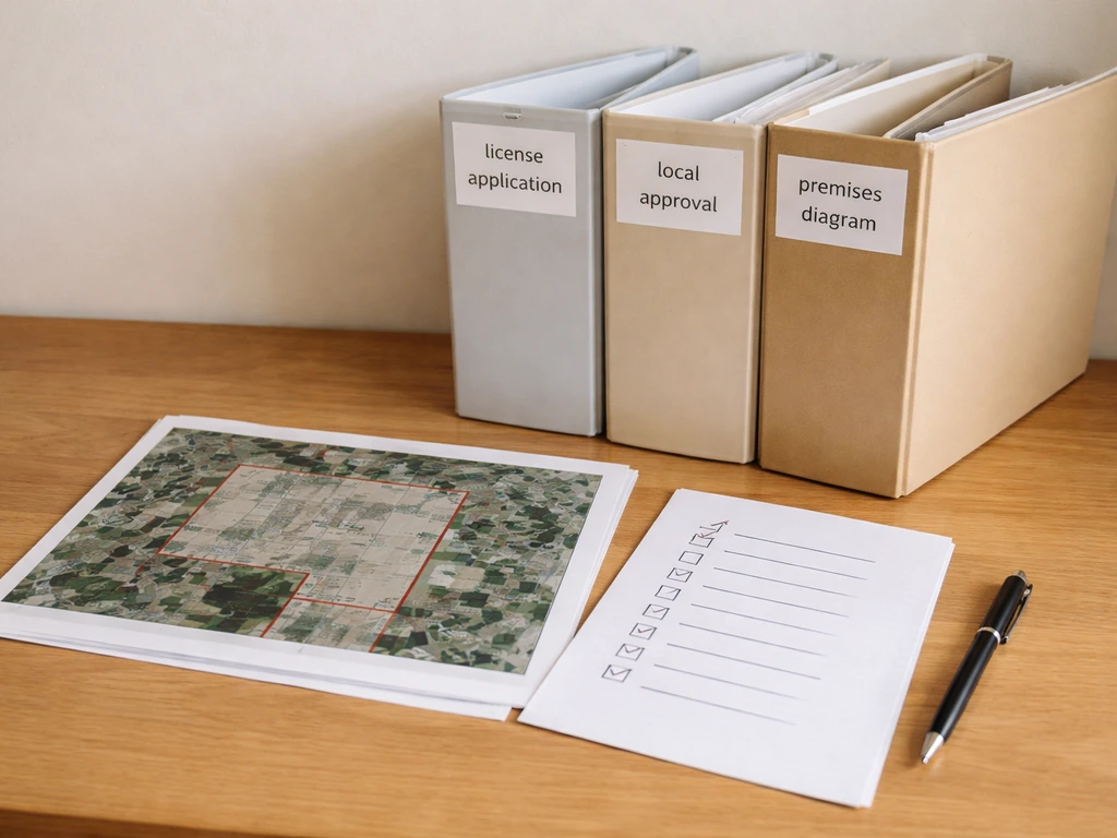 Top-down view of cannabis license application binders, forms, and a marked site map on a desk.