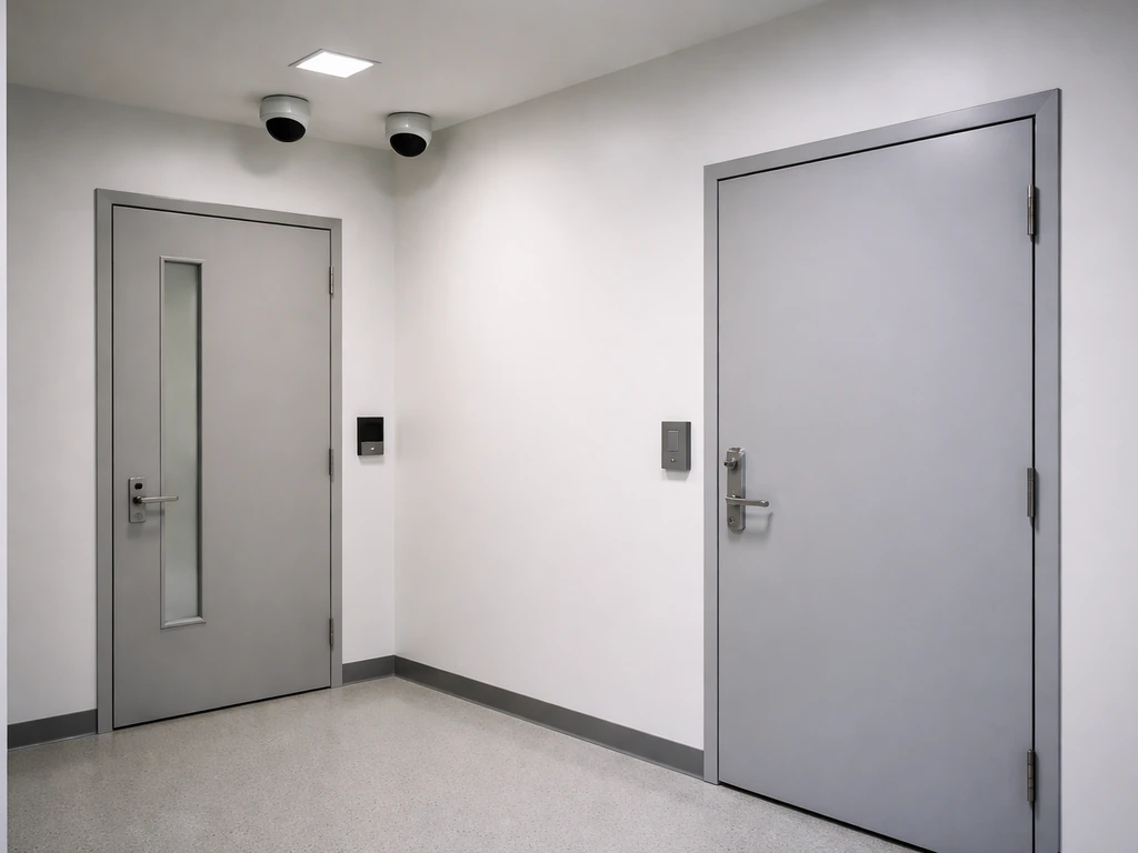 Minimal security control area with dome cameras, badge reader by entry door, and locked storage room