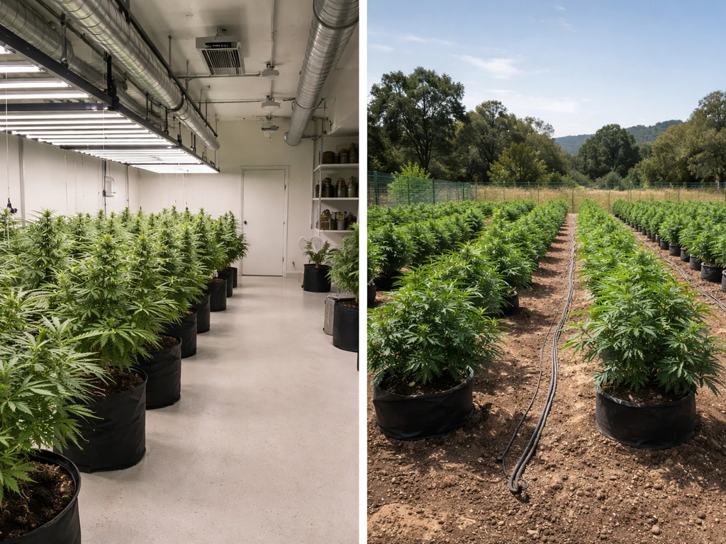 Split scene: indoor cannabis grow racks with ventilation, and an outdoor fenced plot with canopy boundary.