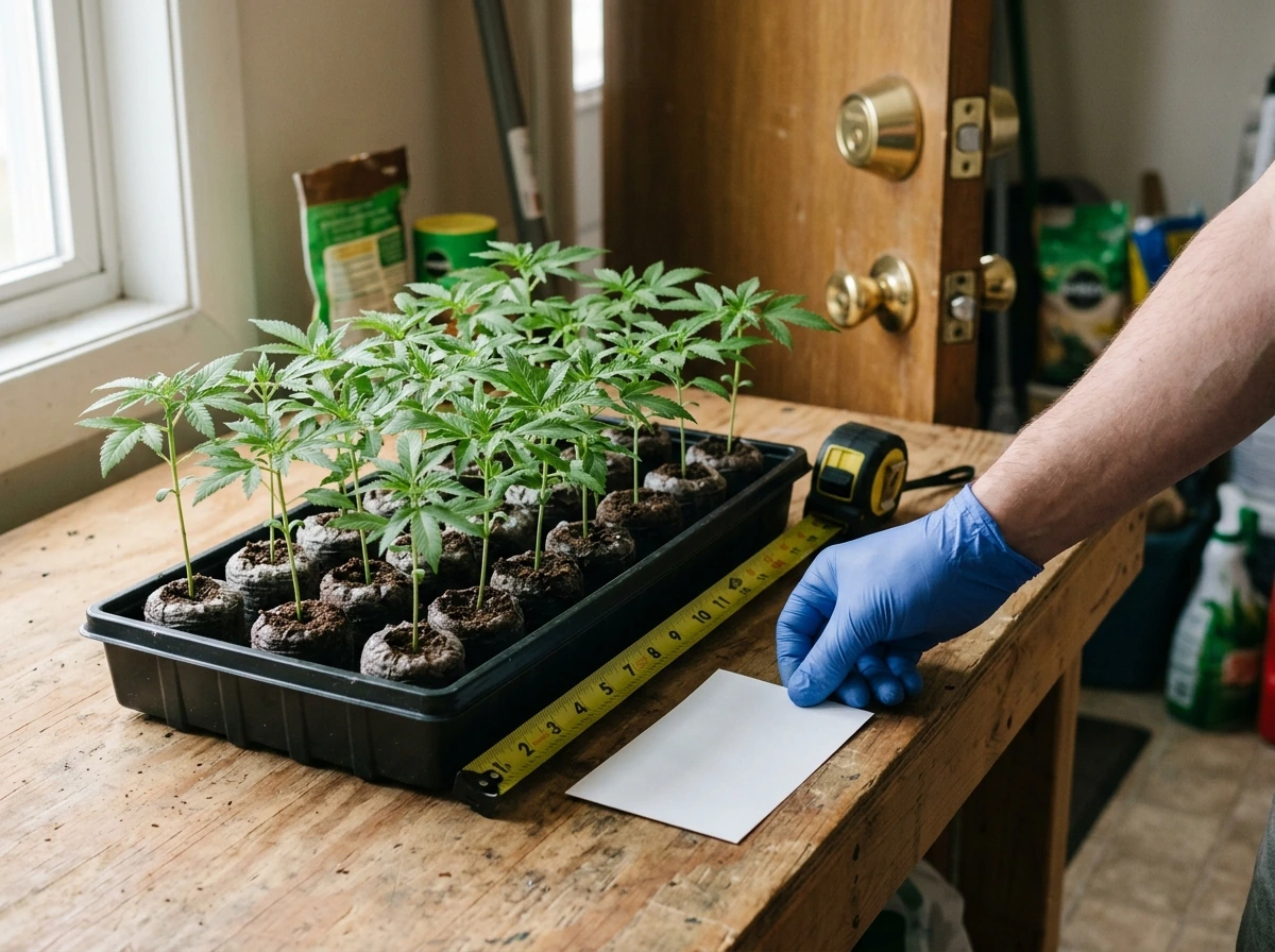 Cannabis plant tray with measuring tape representing plant count limits
