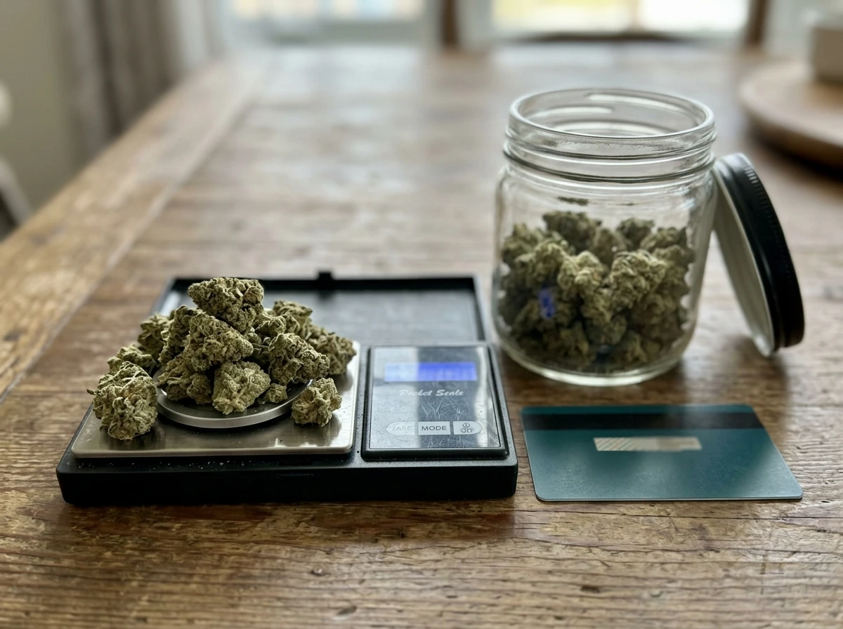 Harvested cannabis buds weighed and stored to show possession limits