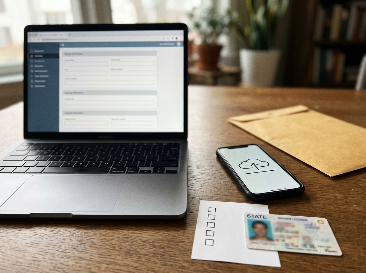 Laptop and documents arranged like a license application process