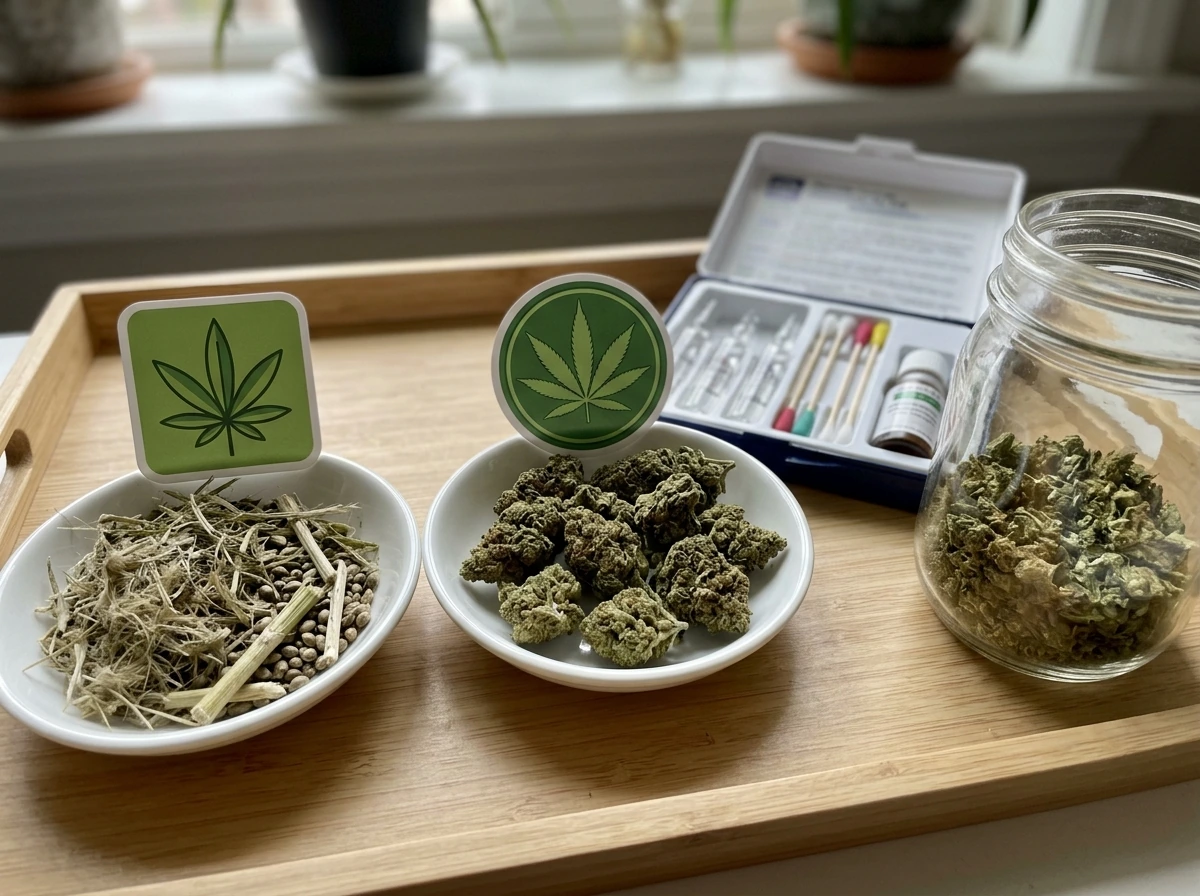 Hemp leaf and cannabis bud samples with test vials showing THC distinction