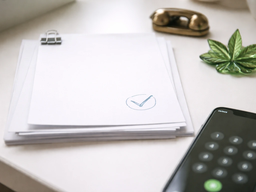 Close-up of documents and a phone check glow with a cannabis leaf paperweight on a desk.