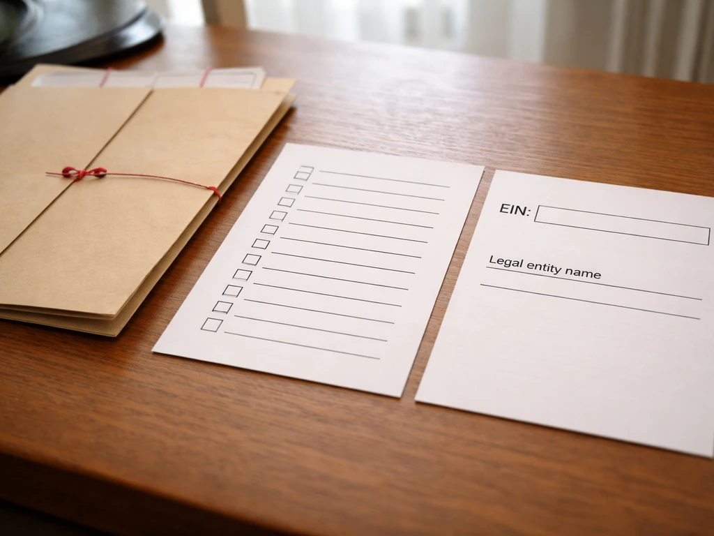 Split view of blank document fields showing legal name line and EIN box on a minimal desk