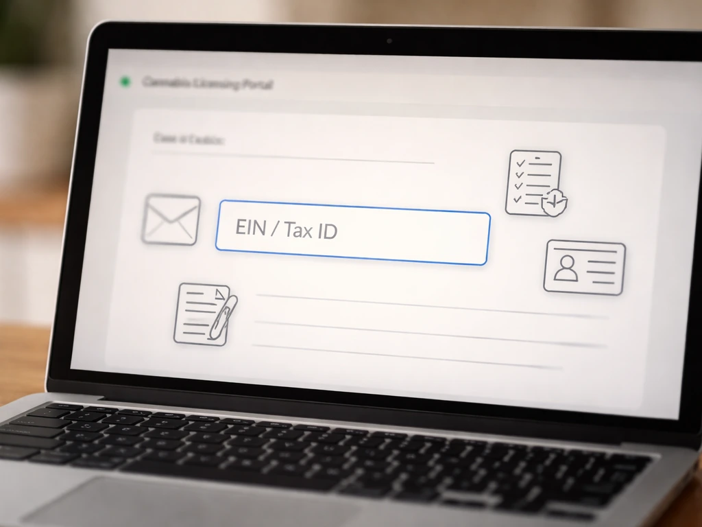 Close-up of a cannabis licensing portal screen showing a highlighted EIN/Tax ID input field with icons.