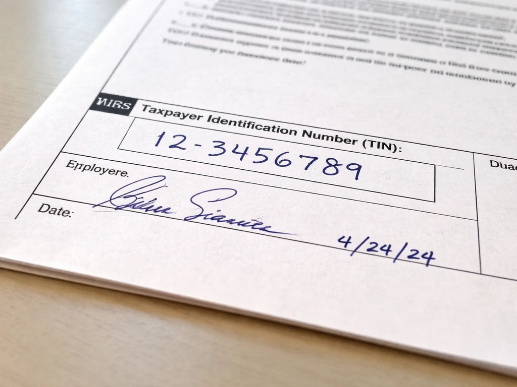 Close-up of an IRS Form W-9 showing the TIN and signature/date areas with EIN filled in