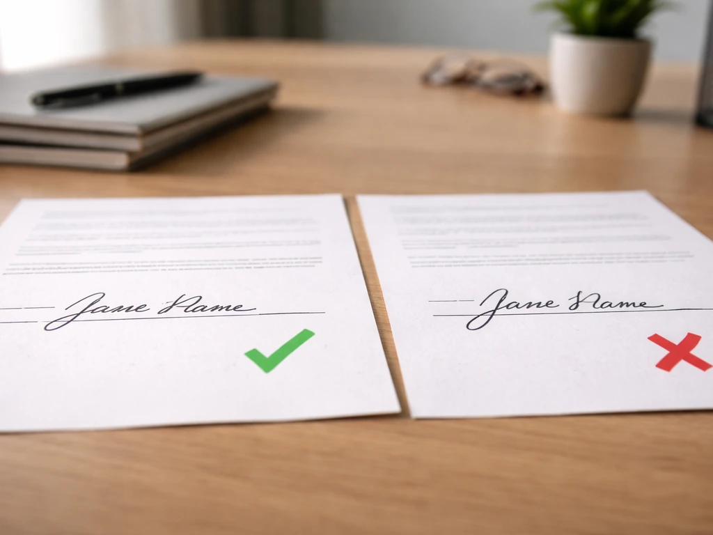 Close-up of two documents on a desk, showing a clear match and mismatch via aligned handwriting