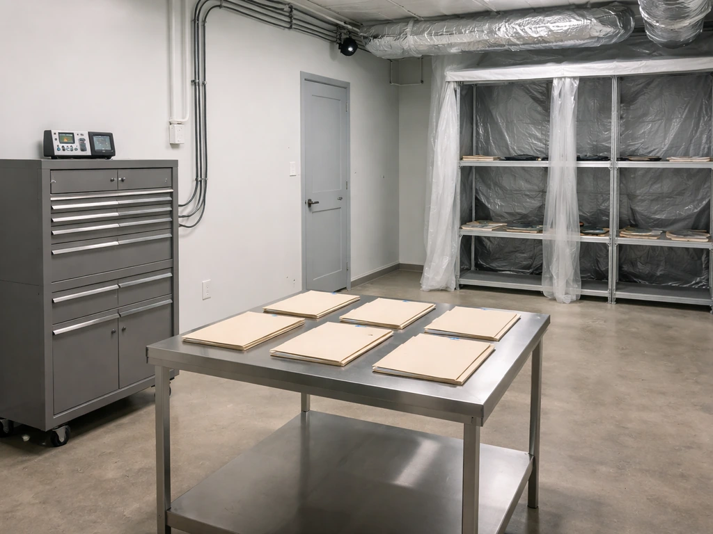 Minimal Maryland grow room staging setup with security-minded equipment and paperwork folders, no people
