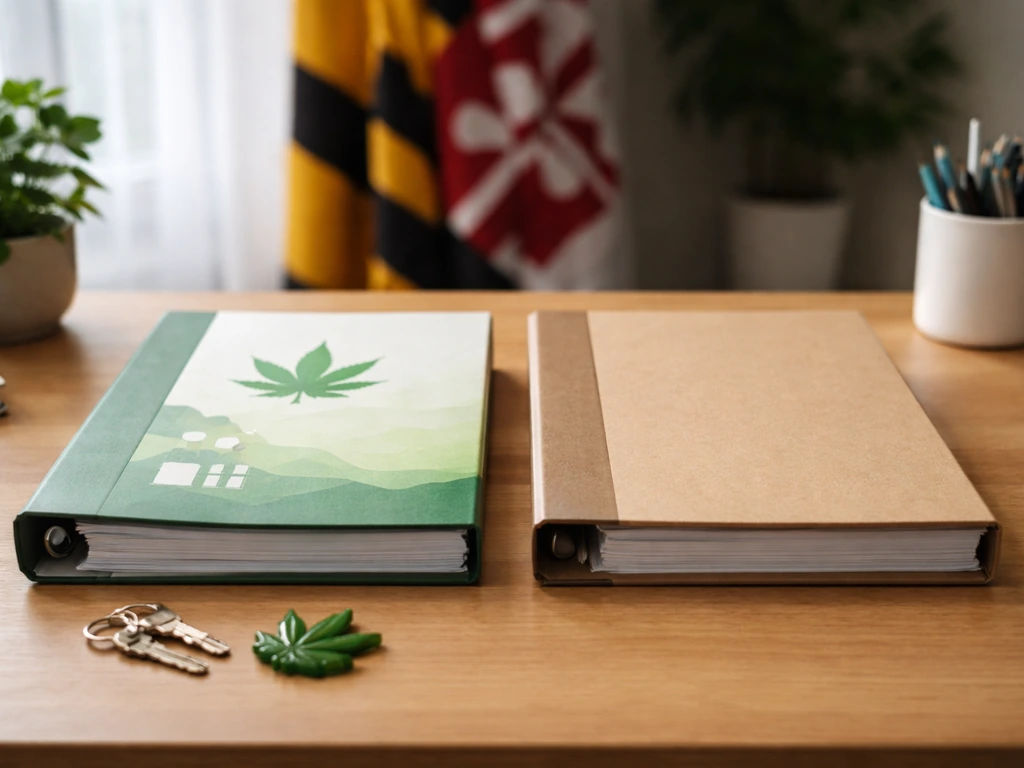 Two distinct binders on a desk symbolize different Maryland cannabis grower vs medical licensing paths.