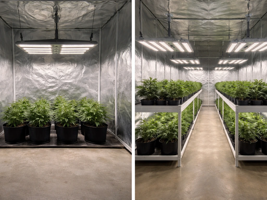 Minimal split-screen style photo showing small vs larger indoor cannabis grow spaces with canopy lights