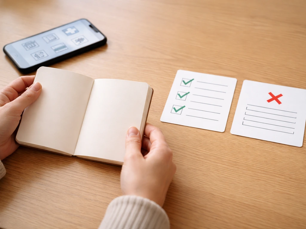 Close-up of a notebook checklist and a phone showing two contrasting pathways, suggesting avoid common licensing mistake