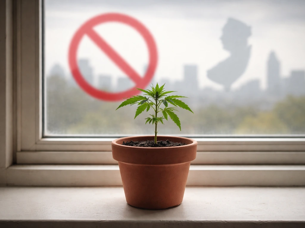 Small cannabis plant in a pot on a windowsill with a blurred prohibition sign in the background.
